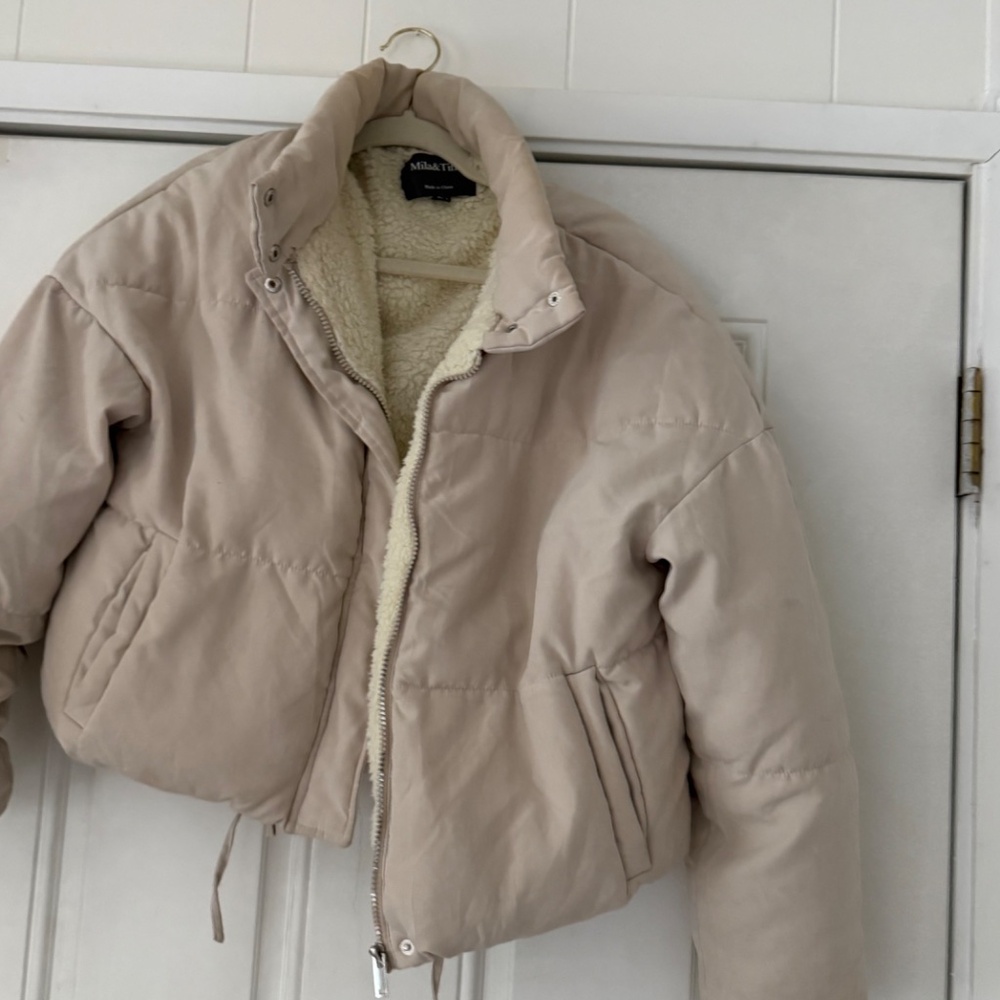 Milano Women's super cute double layered spring, crop Cream Puffer Jacket. Stay - Picture 6 of 12